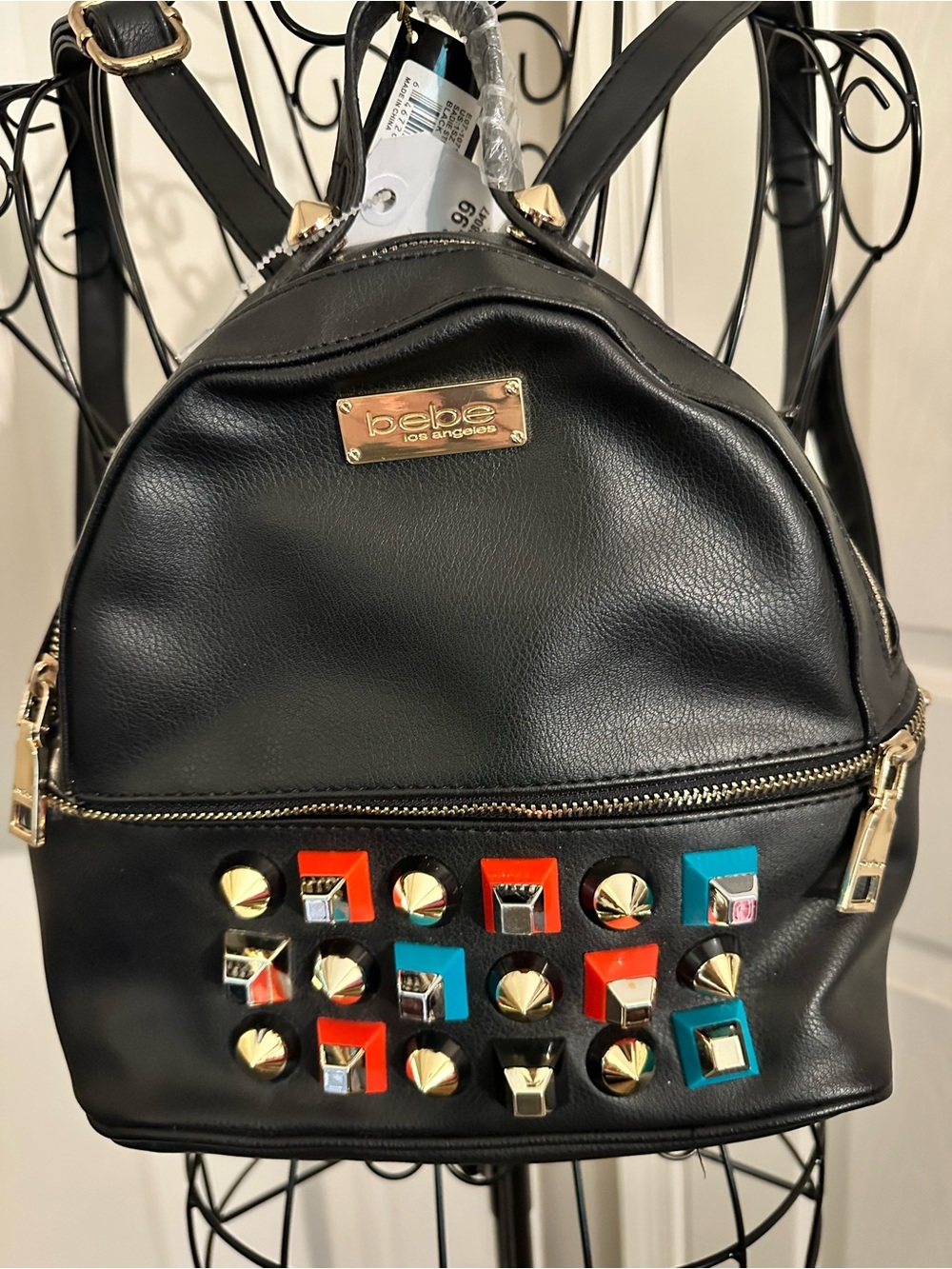 New BEBE Sadie Black Studded Mini Backpack Rhinestones Purse Handbag